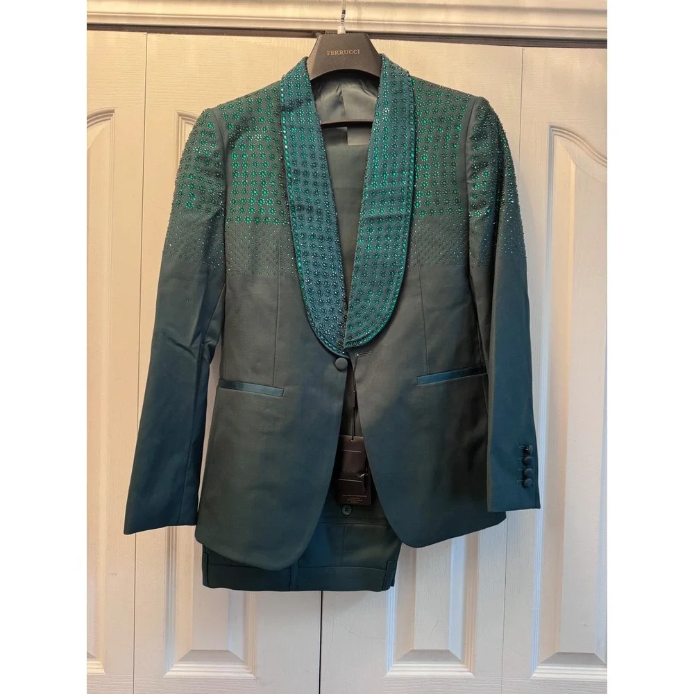 Ferrucci Mens ST-33 Hunter Green Rhinestone Tuxedo Suit Set 46/40 NEW